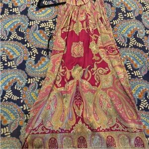 Knee Length Women’s Silk Maxi Skirt in Paisley with Deep Pink  and Gold Tones